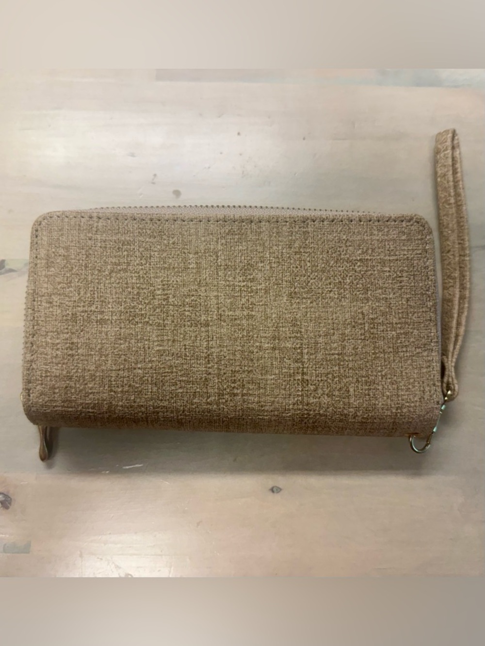 Textured Beige Zip Wallet Two Compartments Roomy NWOT Gold Accents
